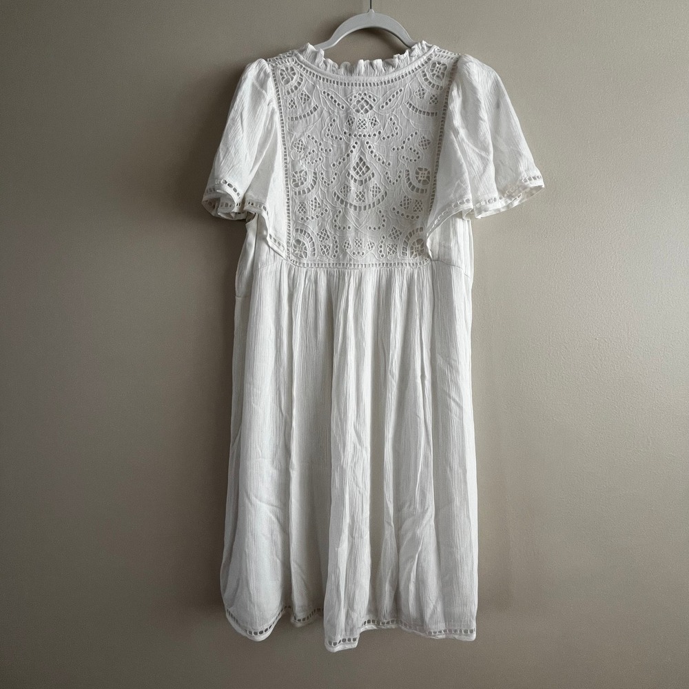 Maison 123 Paris White Eyelet Embroidery Midi Dress Size L Flutter Sleeve Ruffle - Picture 7 of 7